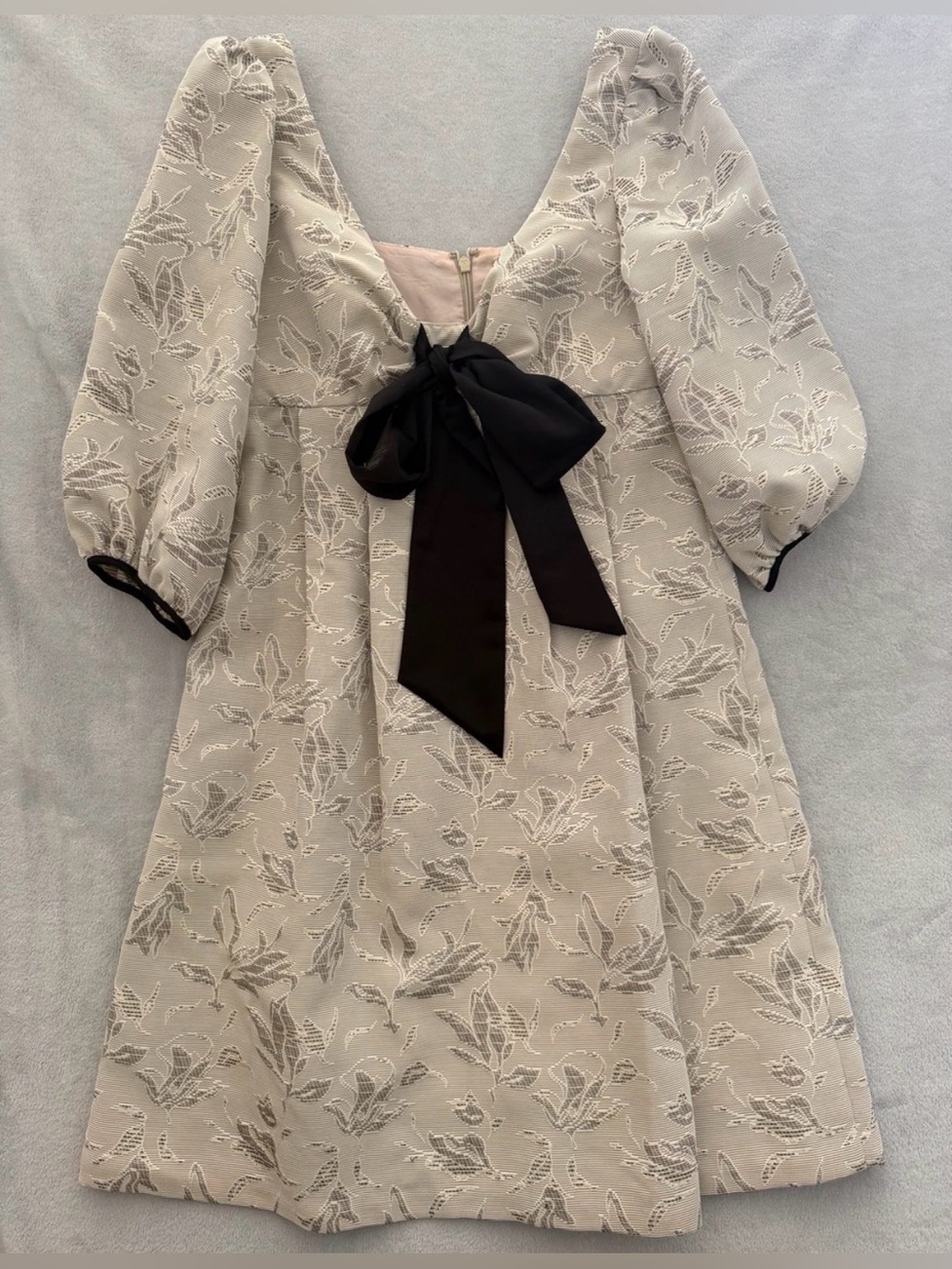 Vintage BCBG Cream Tailored Dress with Gray Flowers Damask Black with Bow Detail